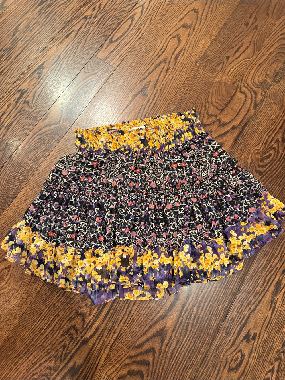 Misa Los Angeles Smocked Floral Skater Skirt in Purple and Yellow